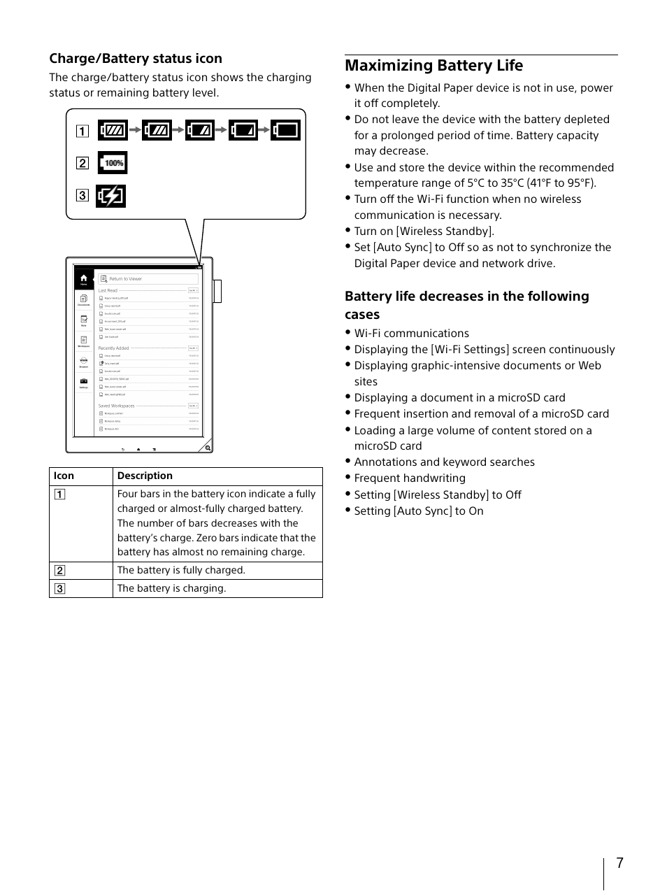 Maximizing battery life, Charge/battery status icon, Battery life decreases in the following cases | Sony DPT-S1 User Manual | Page 7 / 67