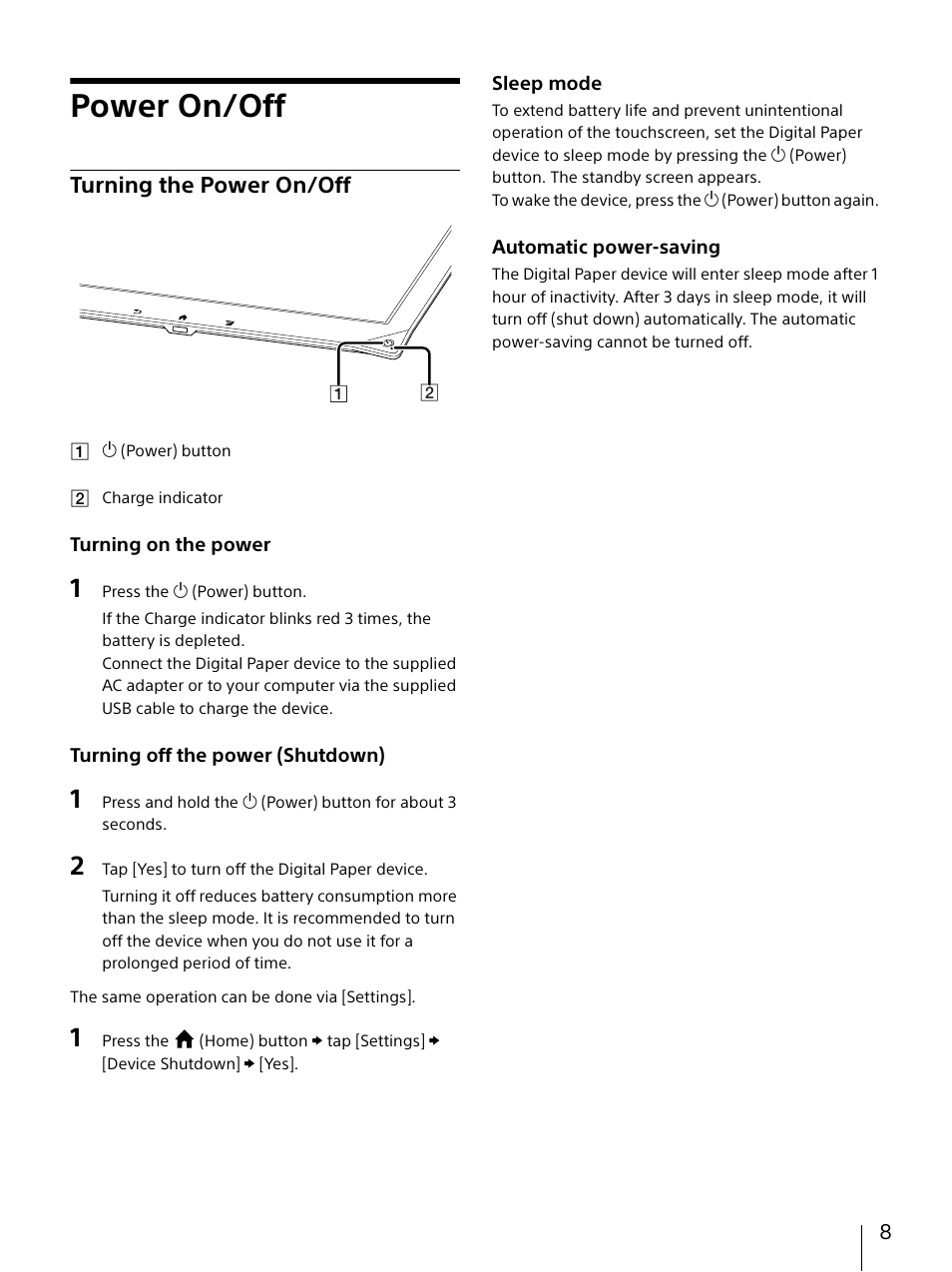 Power on/off, Turning the power on/off | Sony DPT-S1 User Manual | Page 8 / 67