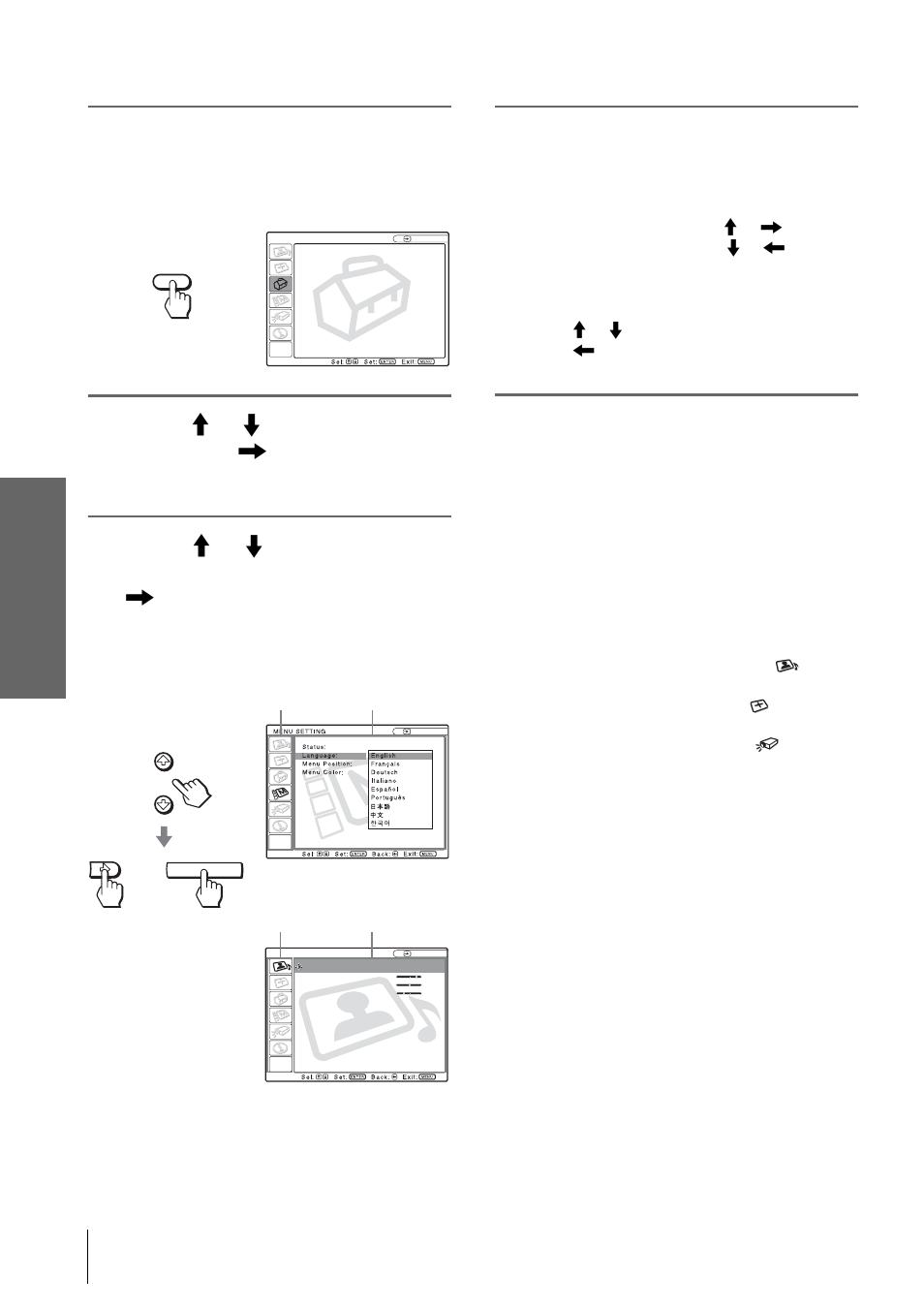 Press menu, Make the setting or adjustment on an item, Usi n g the men u s | Sony VPL-HS2 User Manual | Page 24 / 132