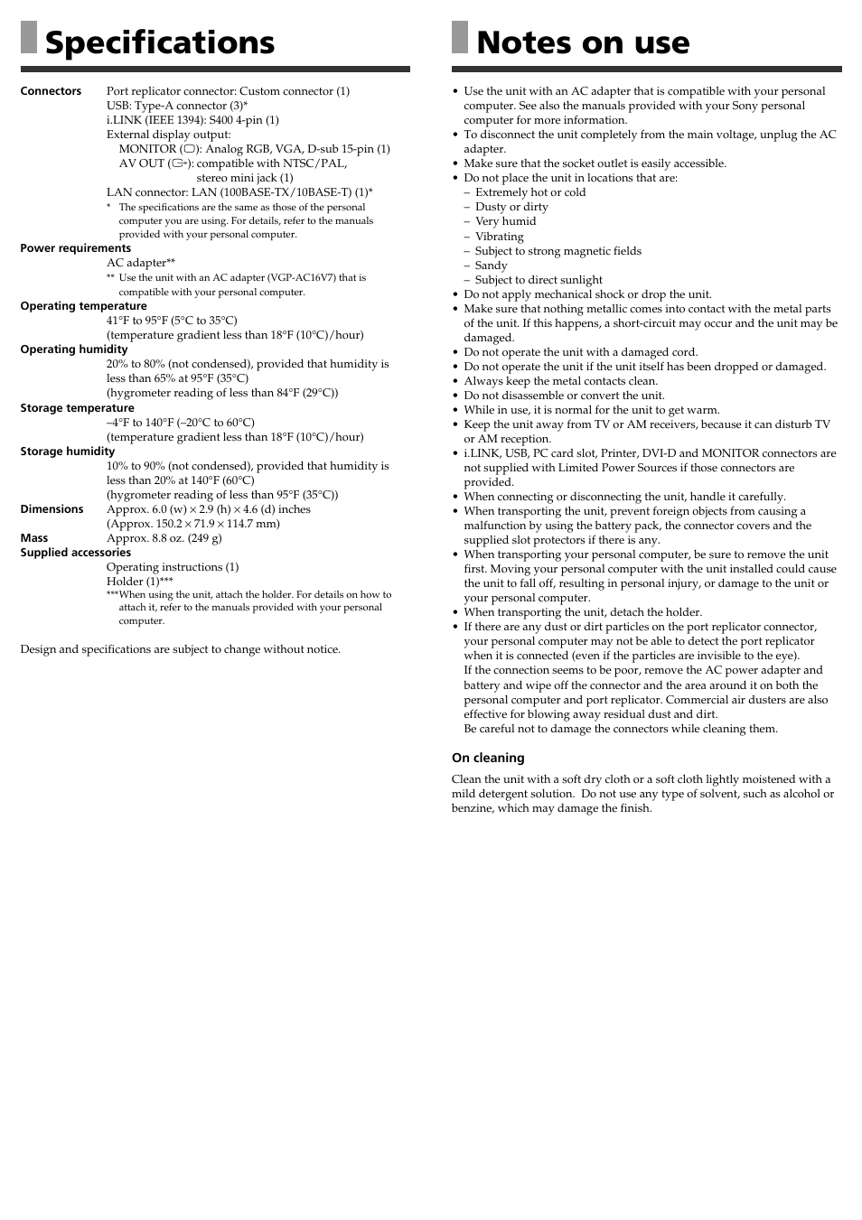 Specifications | Sony VGP-PRUX1 User Manual | Page 2 / 2