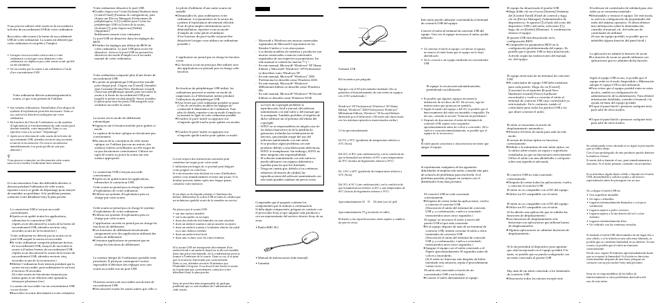 Raccordement de la souris, Dépannage, Desembalaje del ratón | Identificación de las piezas especificaciones, Conexión del ratón, Solución de problemas, Précautions, Precauciones, Advertencia | Sony SMU-SL1 User Manual | Page 2 / 2