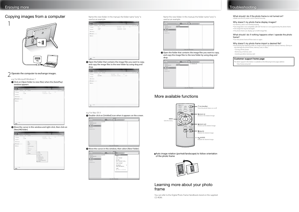 Enjoying more troubleshooting, Copying images from a computer, More available functions | Learning more about your photo frame | Sony DPF-A710 User Manual | Page 2 / 2