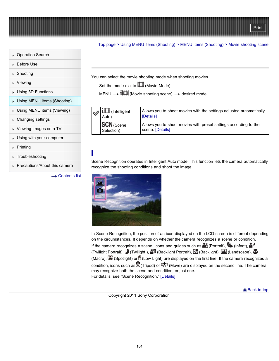 Movie shooting scene | Sony DSC-HX7V User Manual | Page 104 / 271