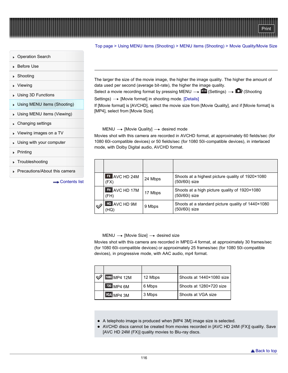 Movie quality/movie size | Sony DSC-HX7V User Manual | Page 116 / 271