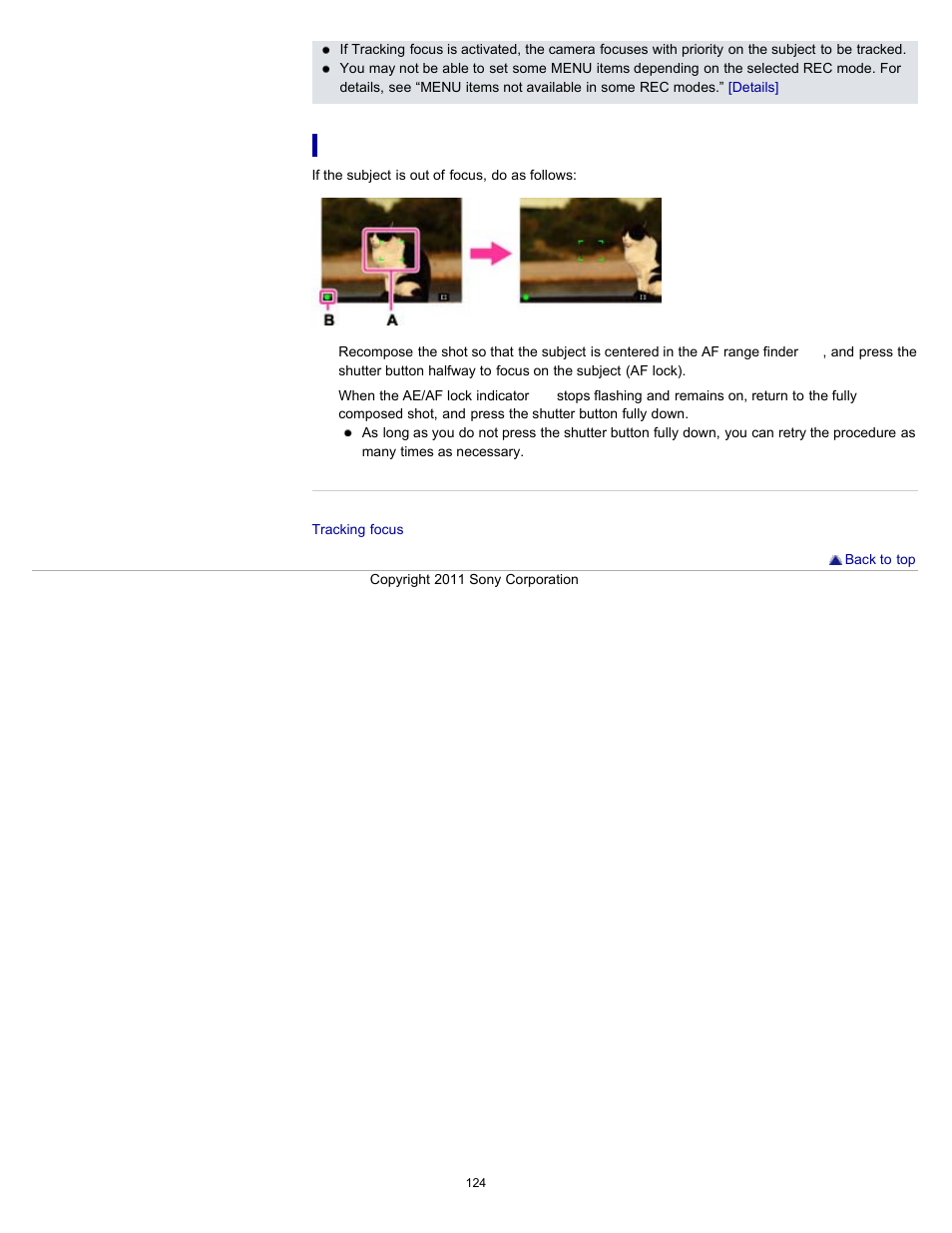 Focusing on subjects near the edge of the screen | Sony DSC-HX7V User Manual | Page 124 / 271