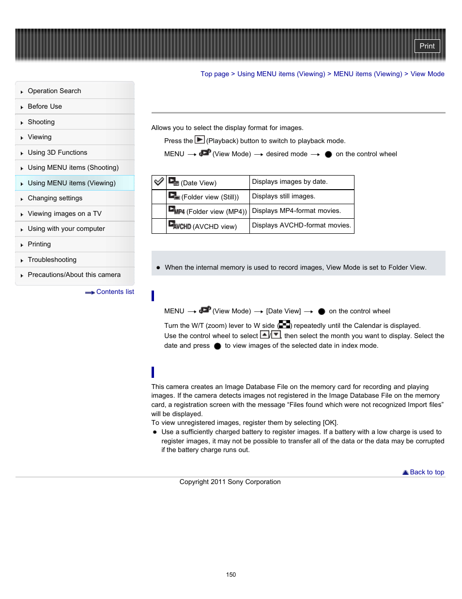 View mode | Sony DSC-HX7V User Manual | Page 150 / 271