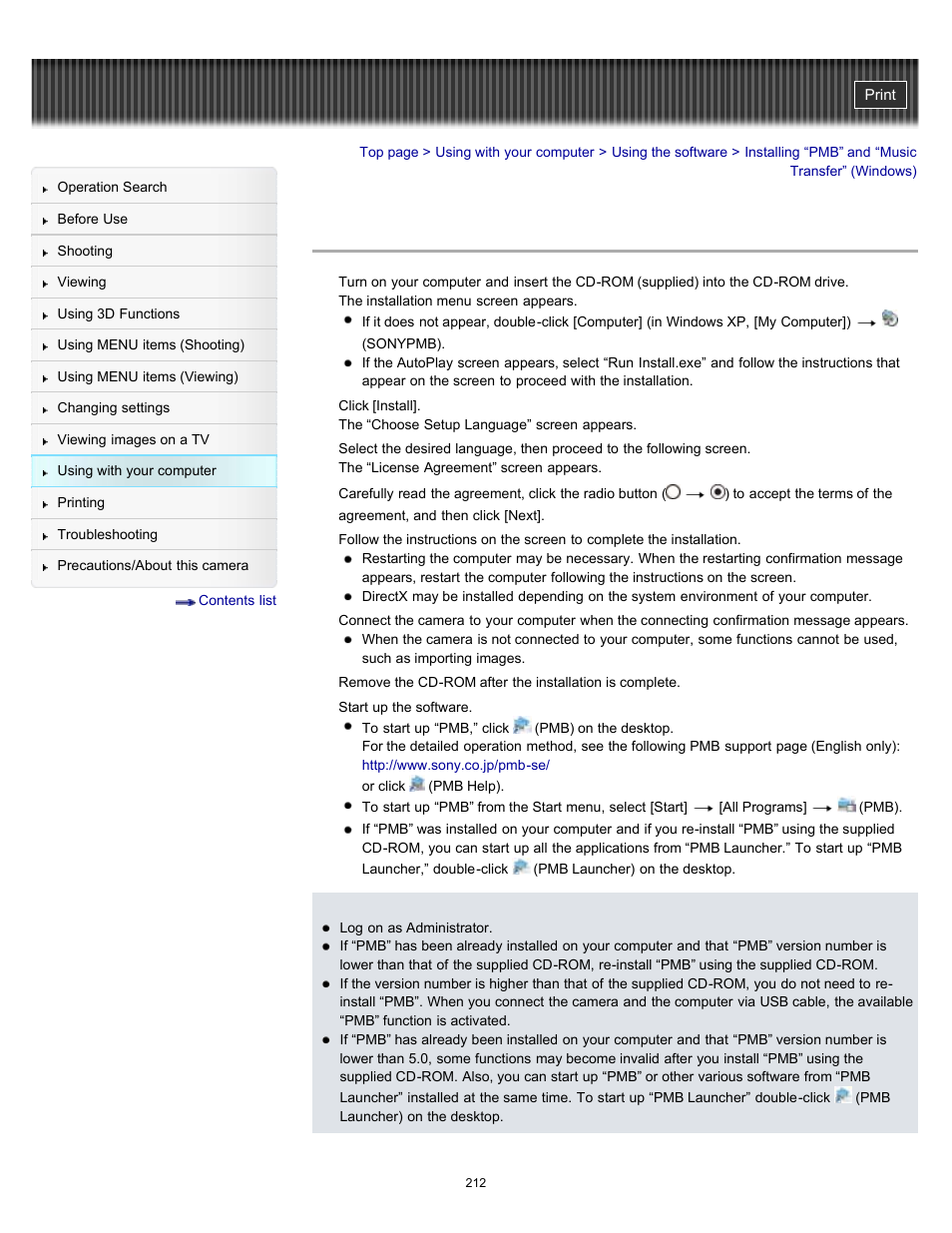 Installing “pmb” and “music transfer” (windows) | Sony DSC-HX7V User Manual | Page 212 / 271