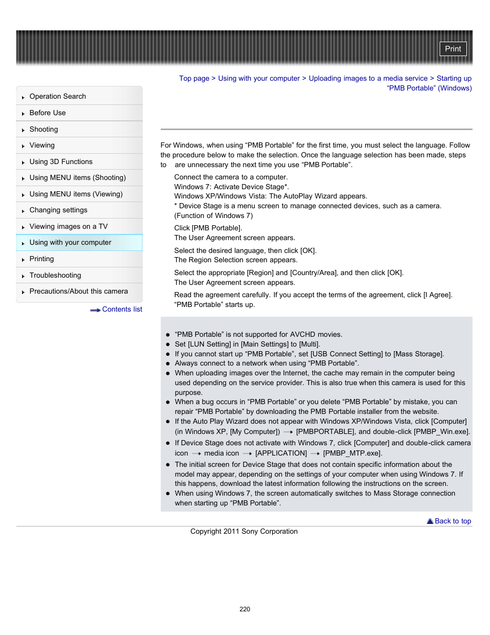 Starting up “pmb portable” (windows) | Sony DSC-HX7V User Manual | Page 220 / 271