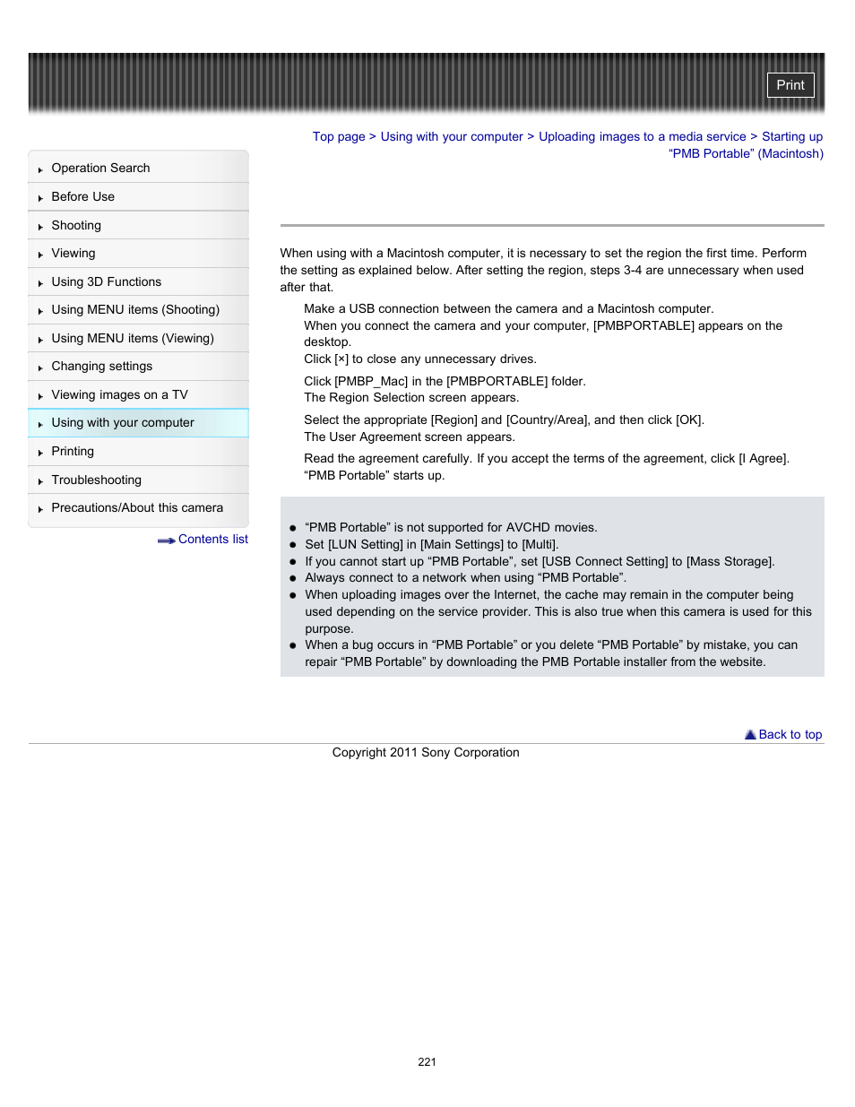 Starting up “pmb portable” (macintosh) | Sony DSC-HX7V User Manual | Page 221 / 271