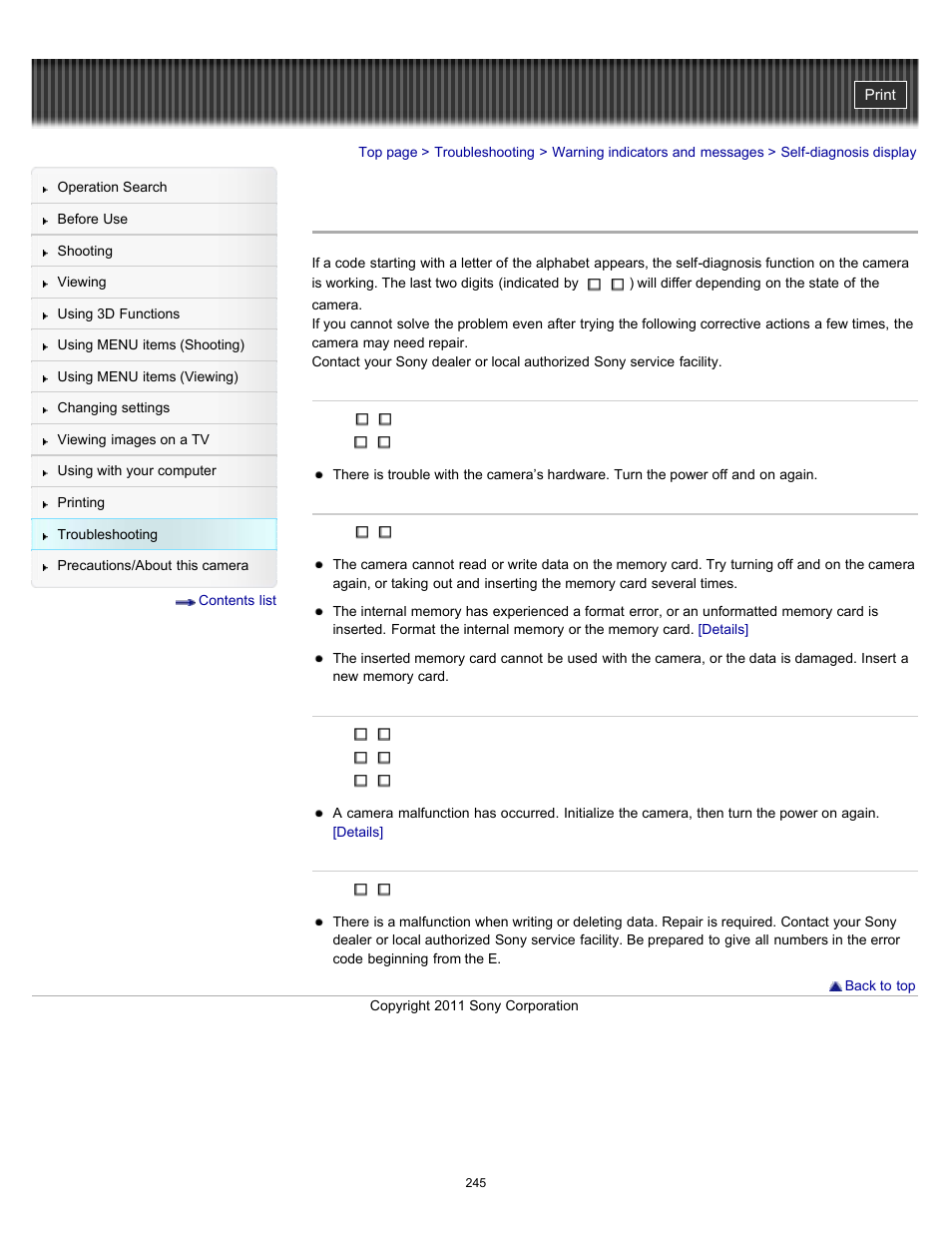 Self-diagnosis display | Sony DSC-HX7V User Manual | Page 245 / 271