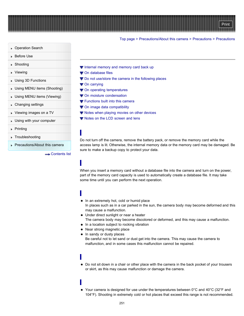 Precautions | Sony DSC-HX7V User Manual | Page 251 / 271