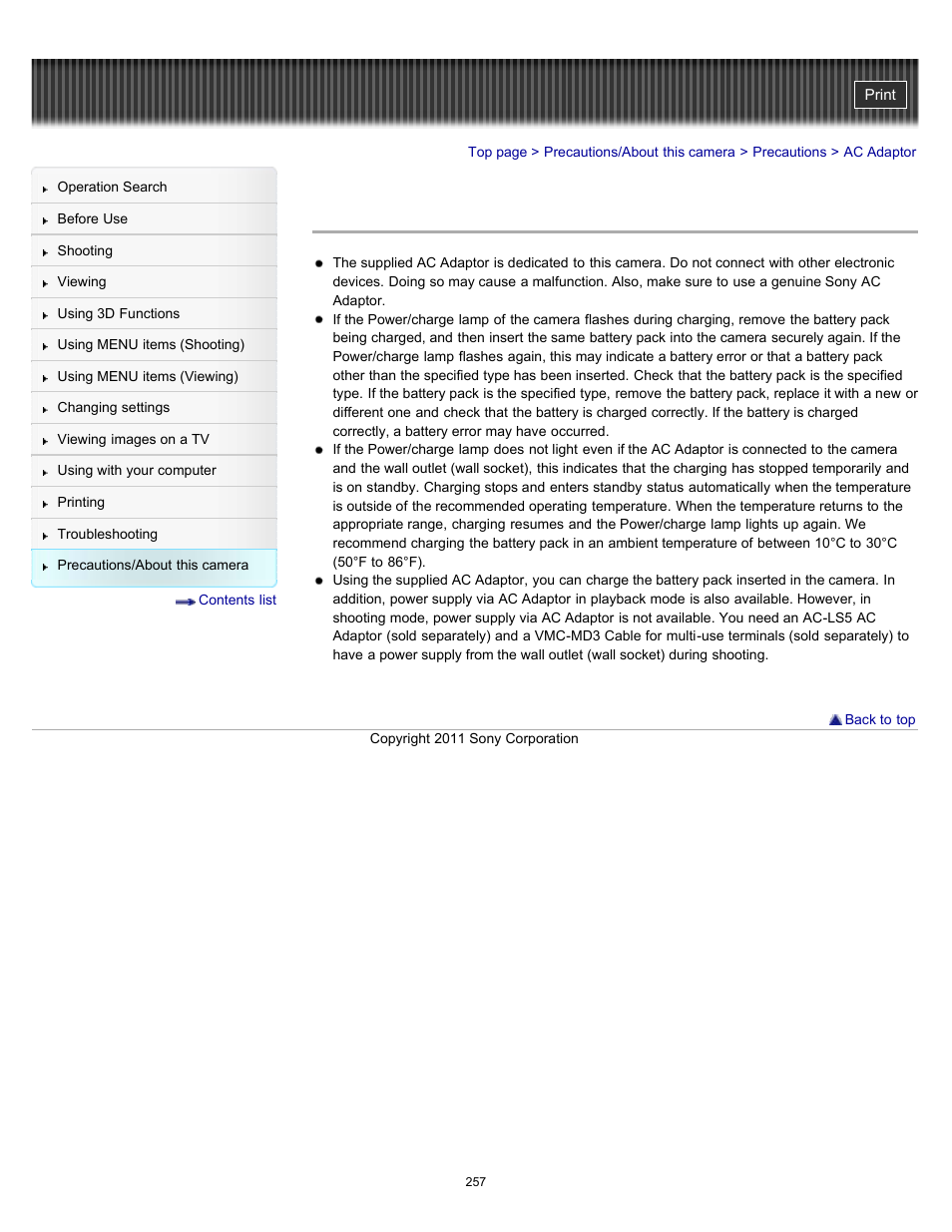 Ac adaptor | Sony DSC-HX7V User Manual | Page 257 / 271