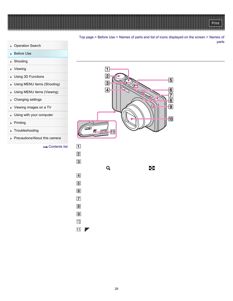 Names of parts | Sony DSC-HX7V User Manual | Page 29 / 271