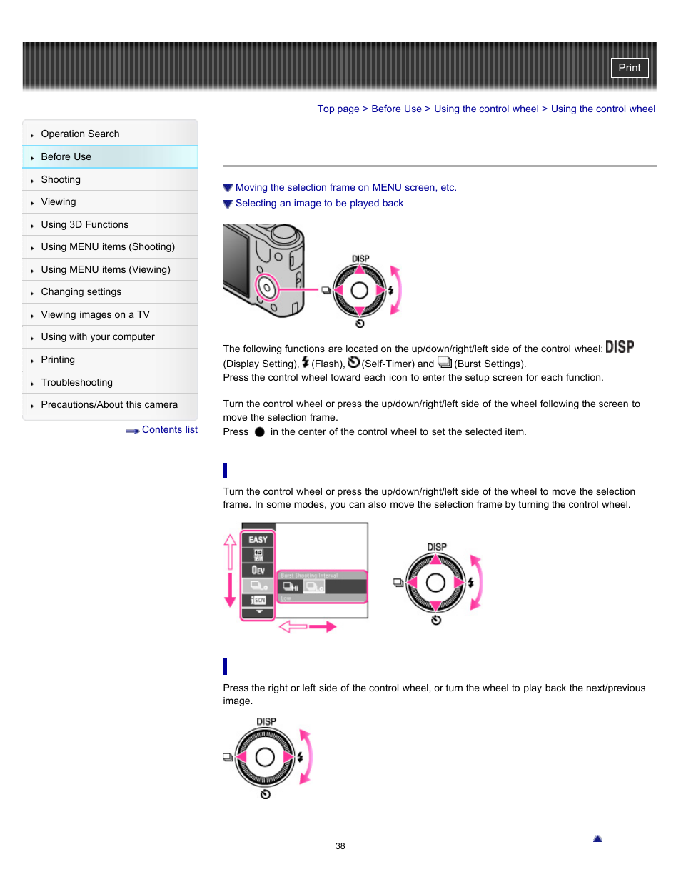 Using the control wheel | Sony DSC-HX7V User Manual | Page 38 / 271