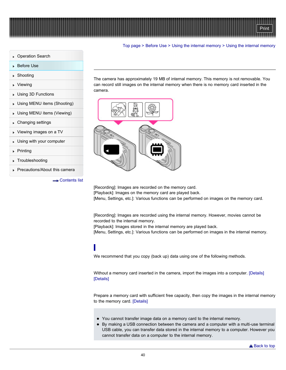 Using the internal memory | Sony DSC-HX7V User Manual | Page 40 / 271