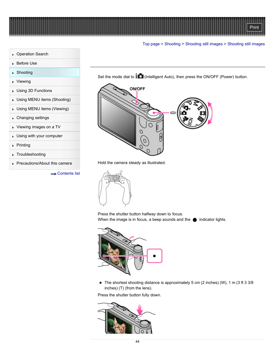 Shooting still images | Sony DSC-HX7V User Manual | Page 44 / 271