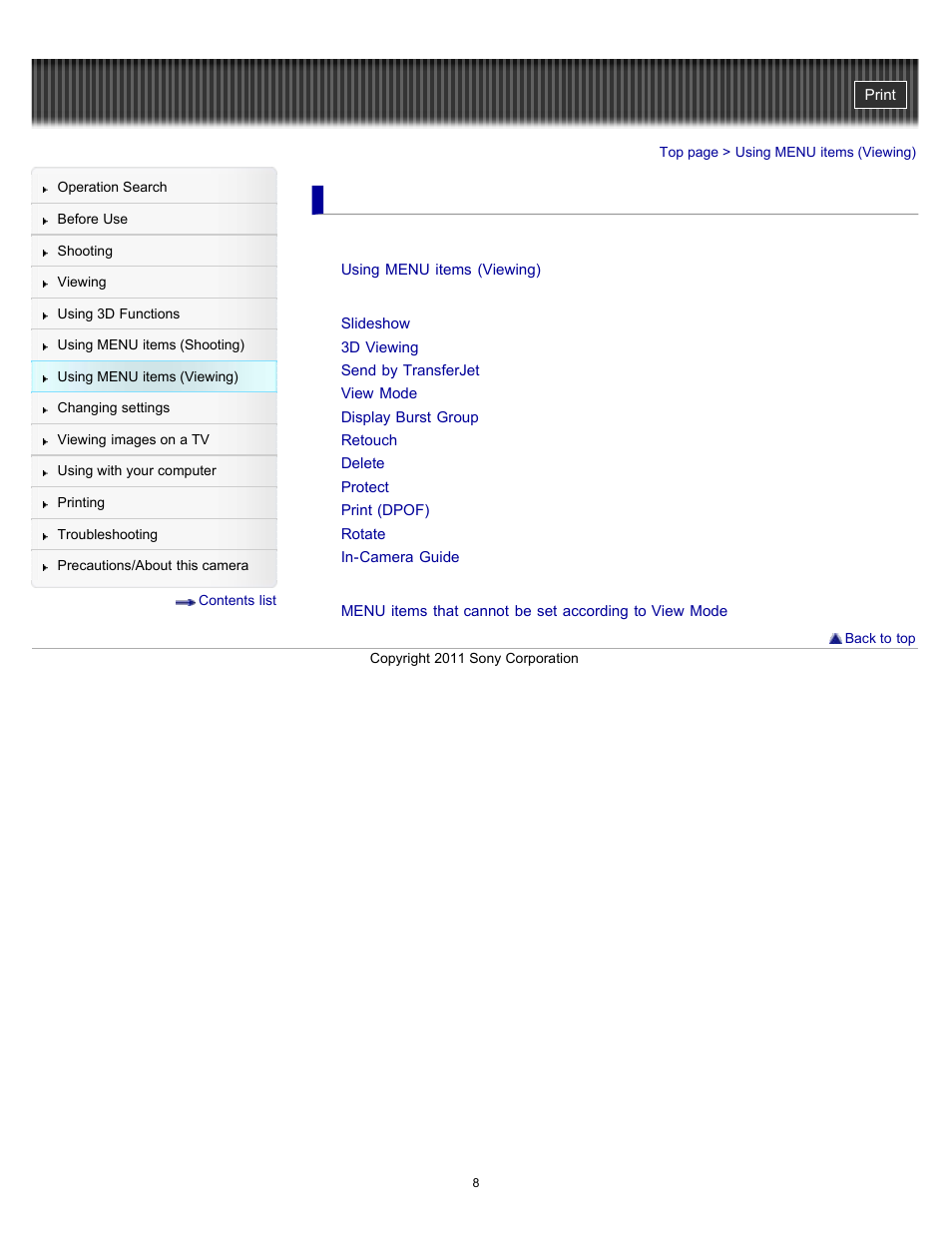 Using menu items (viewing) | Sony DSC-HX7V User Manual | Page 8 / 271