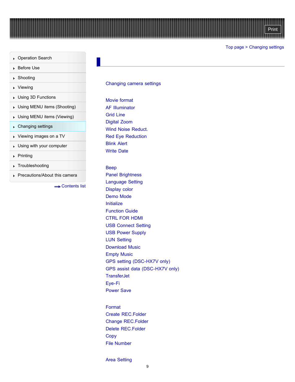 Changing settings | Sony DSC-HX7V User Manual | Page 9 / 271