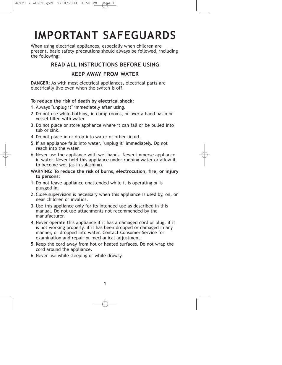 Important safeguards | Salton, Inc AC1CI User Manual | Page 2 / 12