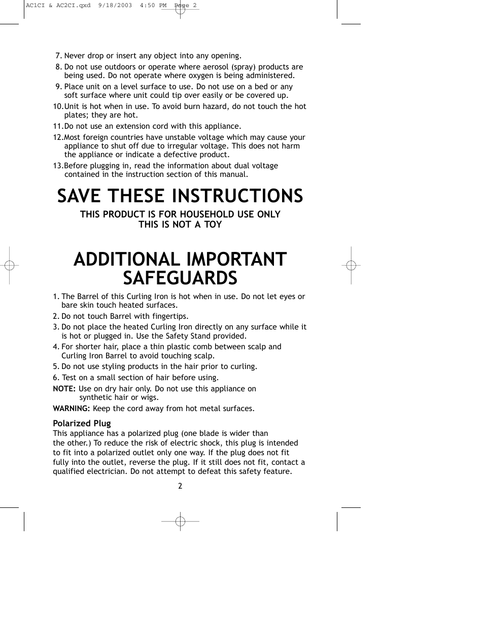 Save these instructions, Additional important safeguards | Salton, Inc AC1CI User Manual | Page 3 / 12