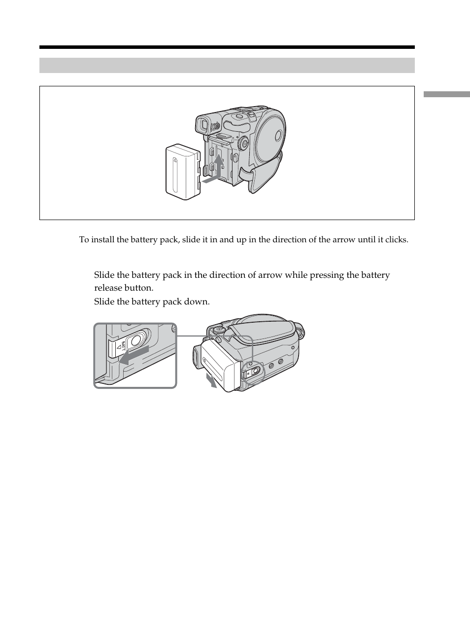 Step 1 preparing the power source, Installing/removing the battery pack, Installing/removing the battery | Pack | Sony DCR-DVD101 User Manual | Page 15 / 148