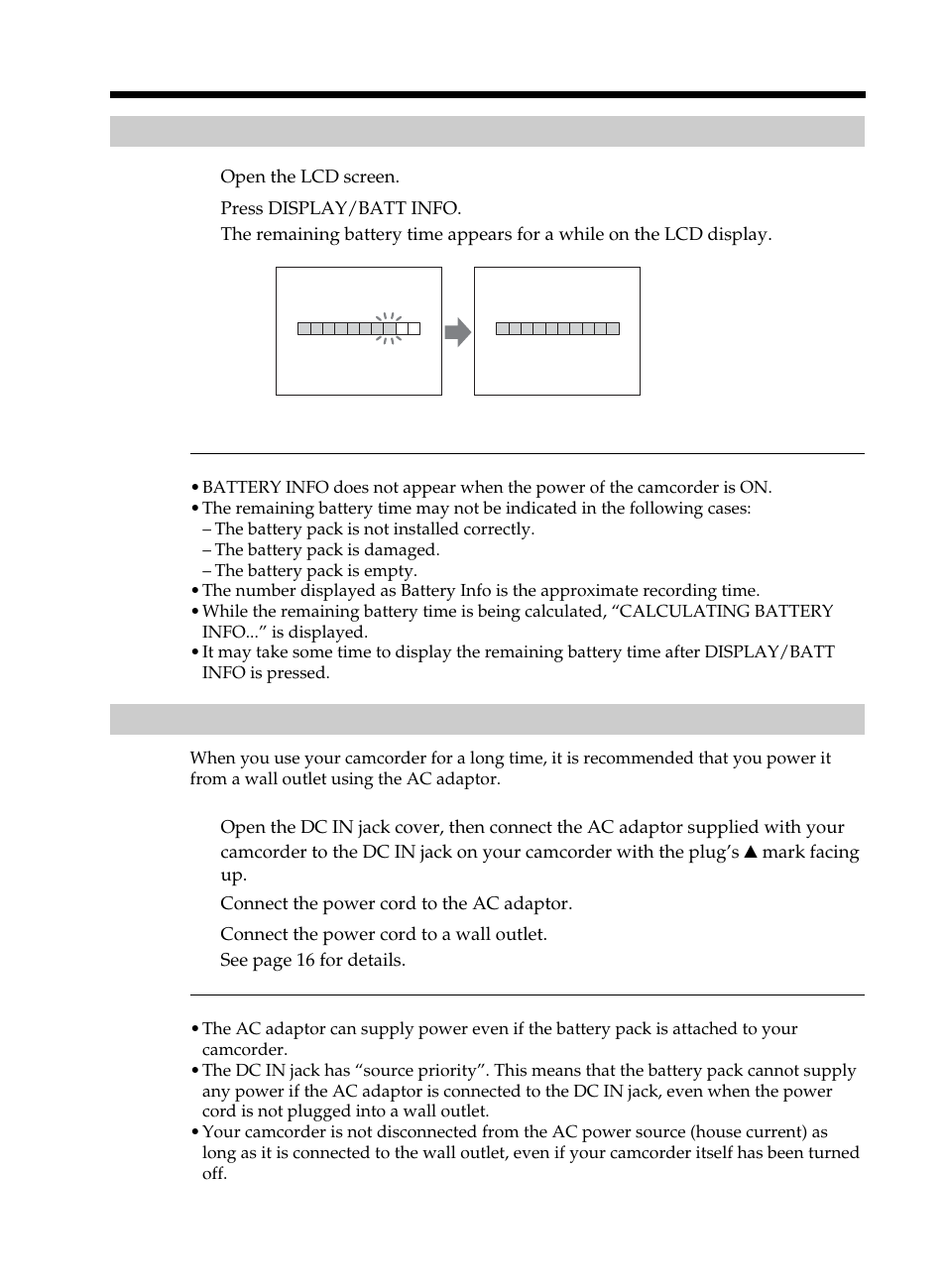 Showing the remaining battery time – battery info, Connecting to a wall outlet, Showing the remaining battery time | Battery info, Step 1 preparing the power source | Sony DCR-DVD101 User Manual | Page 18 / 148