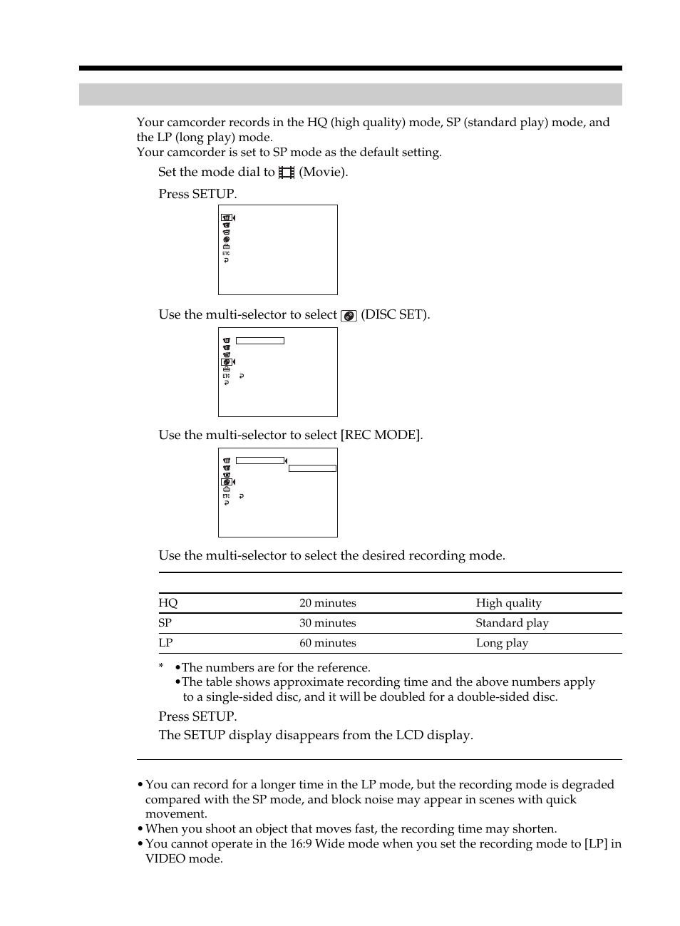 Selecting the recording mode, Shooting movies selecting the recording mode, Set the mode dial to (movie) | Press setup, Use the multi-selector to select (disc set), Use the multi-selector to select [rec mode | Sony DCR-DVD101 User Manual | Page 32 / 148