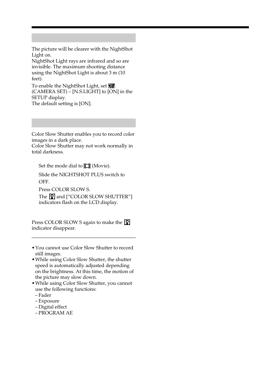 Using the nightshot light, Using color slow shutter, Using the nightshot light using color slow shutter | Sony DCR-DVD101 User Manual | Page 46 / 148