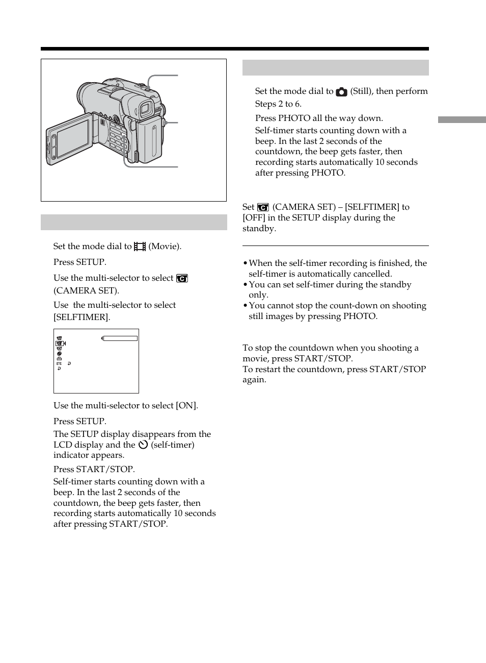 Self-timer recording, On shooting movies, On shooting still images | On shooting movies on shooting still images | Sony DCR-DVD101 User Manual | Page 47 / 148