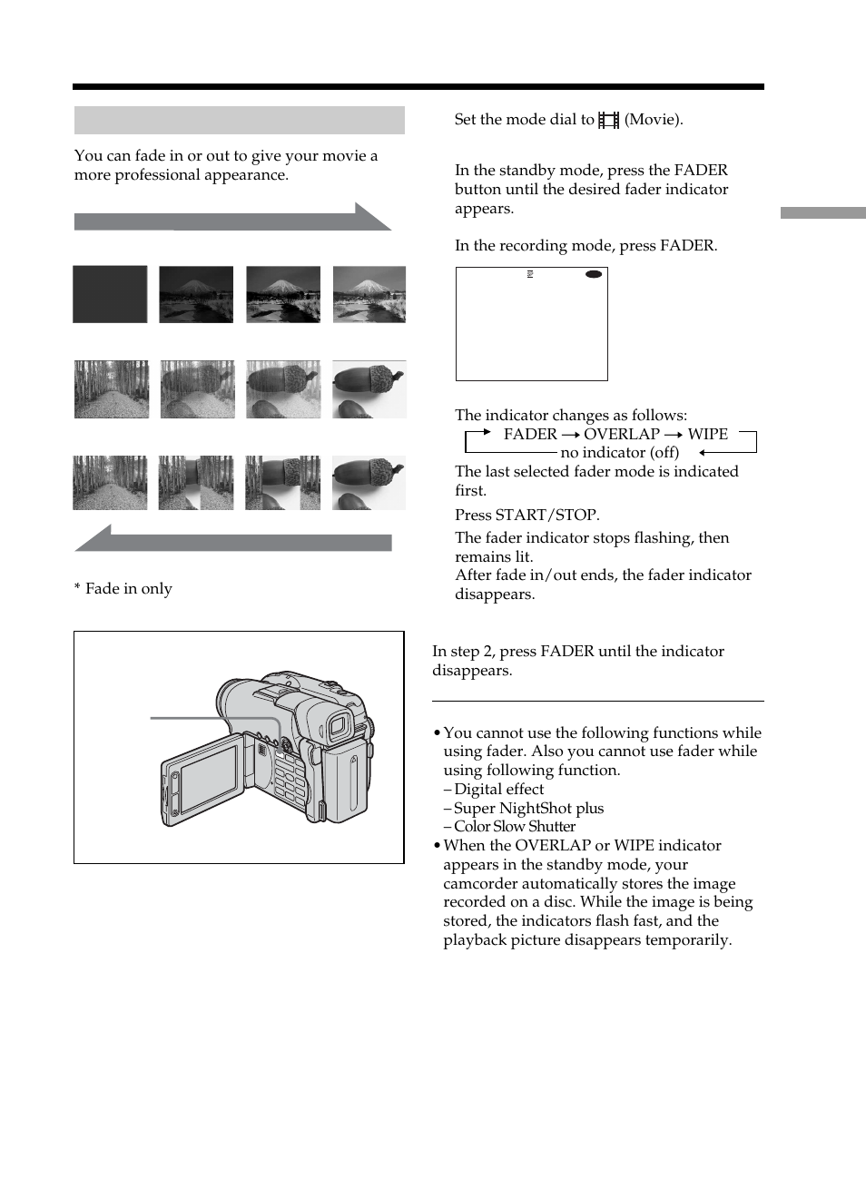 Shooting with special effects, Using fader (for movies only) | Sony DCR-DVD101 User Manual | Page 53 / 148