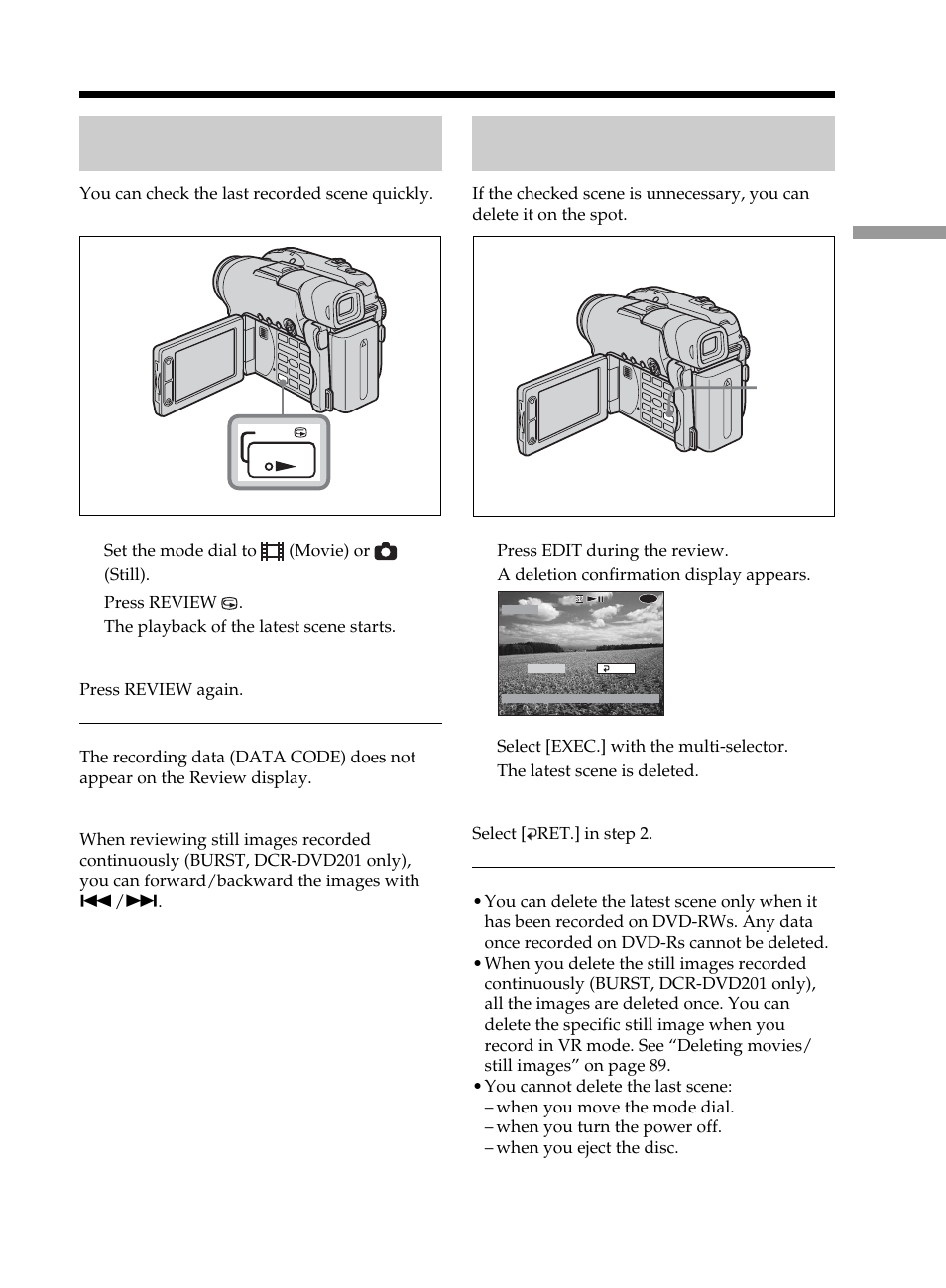 Checking/deleting the last scene, Checking the last scene – review, Deleting the last scene (dvd-rws only) | Checking the last scene, Review, Deleting the last scene, Dvd-rws only), Delete | Sony DCR-DVD101 User Manual | Page 55 / 148