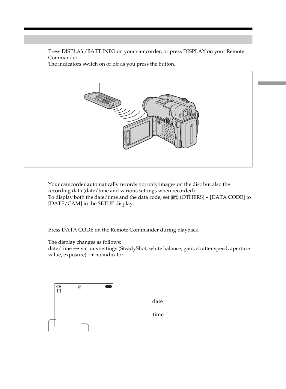 Displaying the indicators during, Playback – display, Playing a disc on your camcorder | Sony DCR-DVD101 User Manual | Page 59 / 148