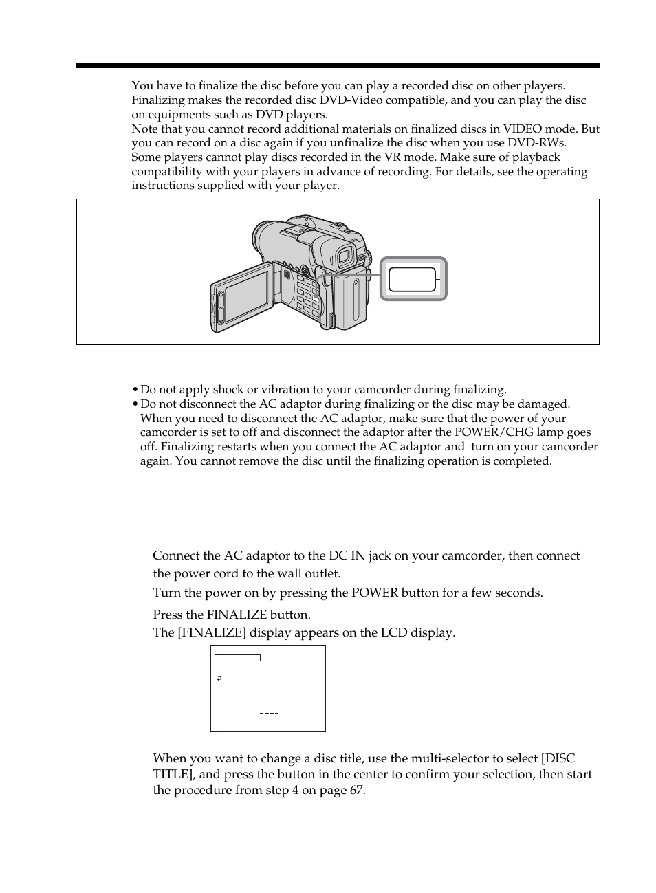 Finalizing a disc for other players, Finalizing a disc | Sony DCR-DVD101 User Manual | Page 64 / 148