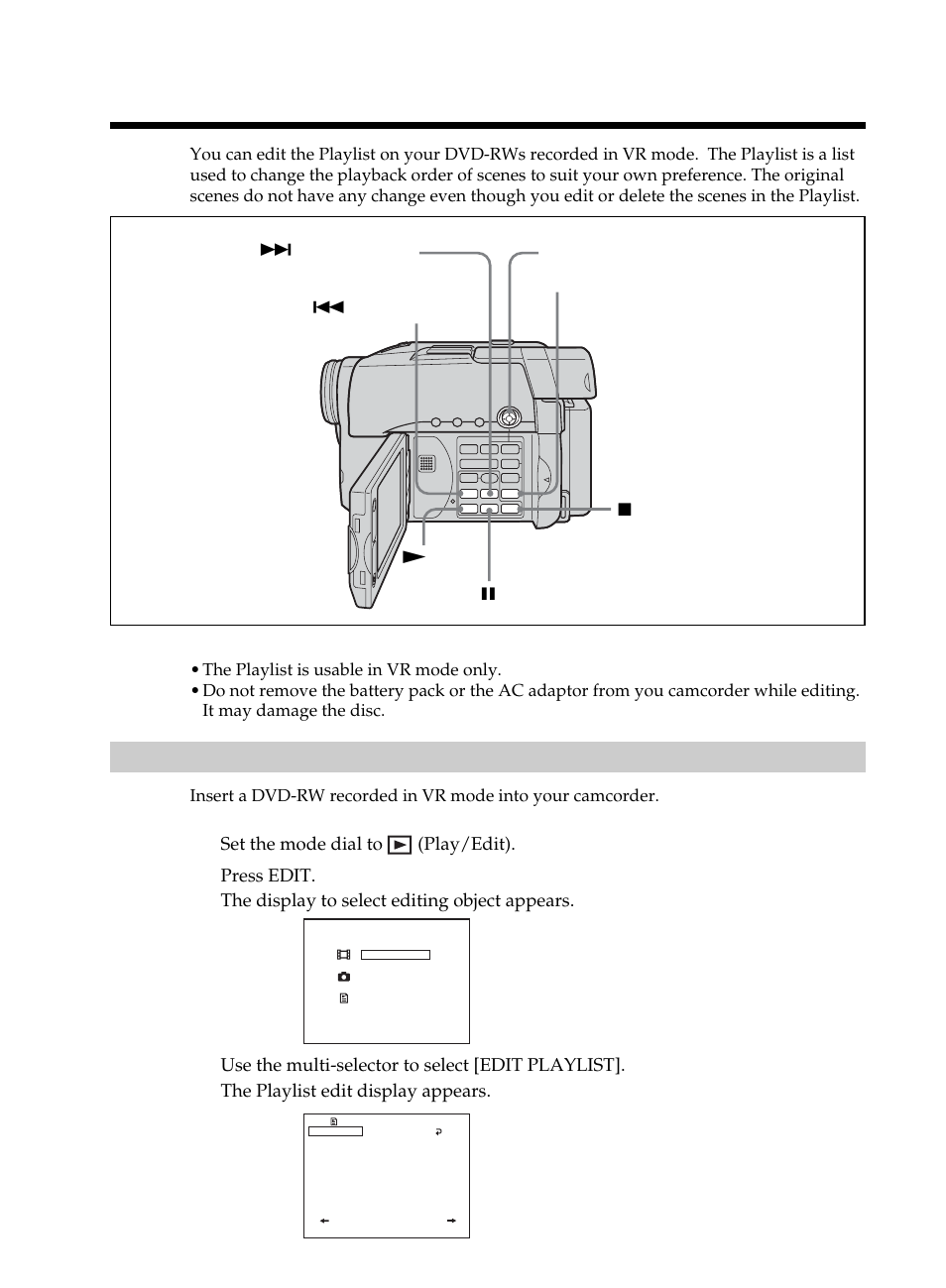 Using a disc in vr mode (dvd-rws only), Registering movies or still images in the playlist, Selecting the playing order on your | The playlist | Sony DCR-DVD101 User Manual | Page 76 / 148