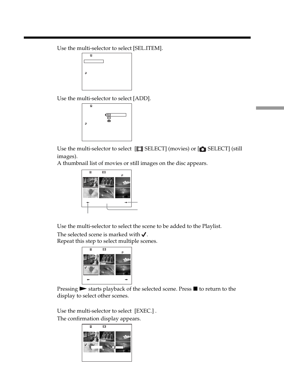 Use the multi-selector to select [sel.item, Use the multi-selector to select [add, Forwards the page. shows current page/total pages | Backwards the page | Sony DCR-DVD101 User Manual | Page 77 / 148