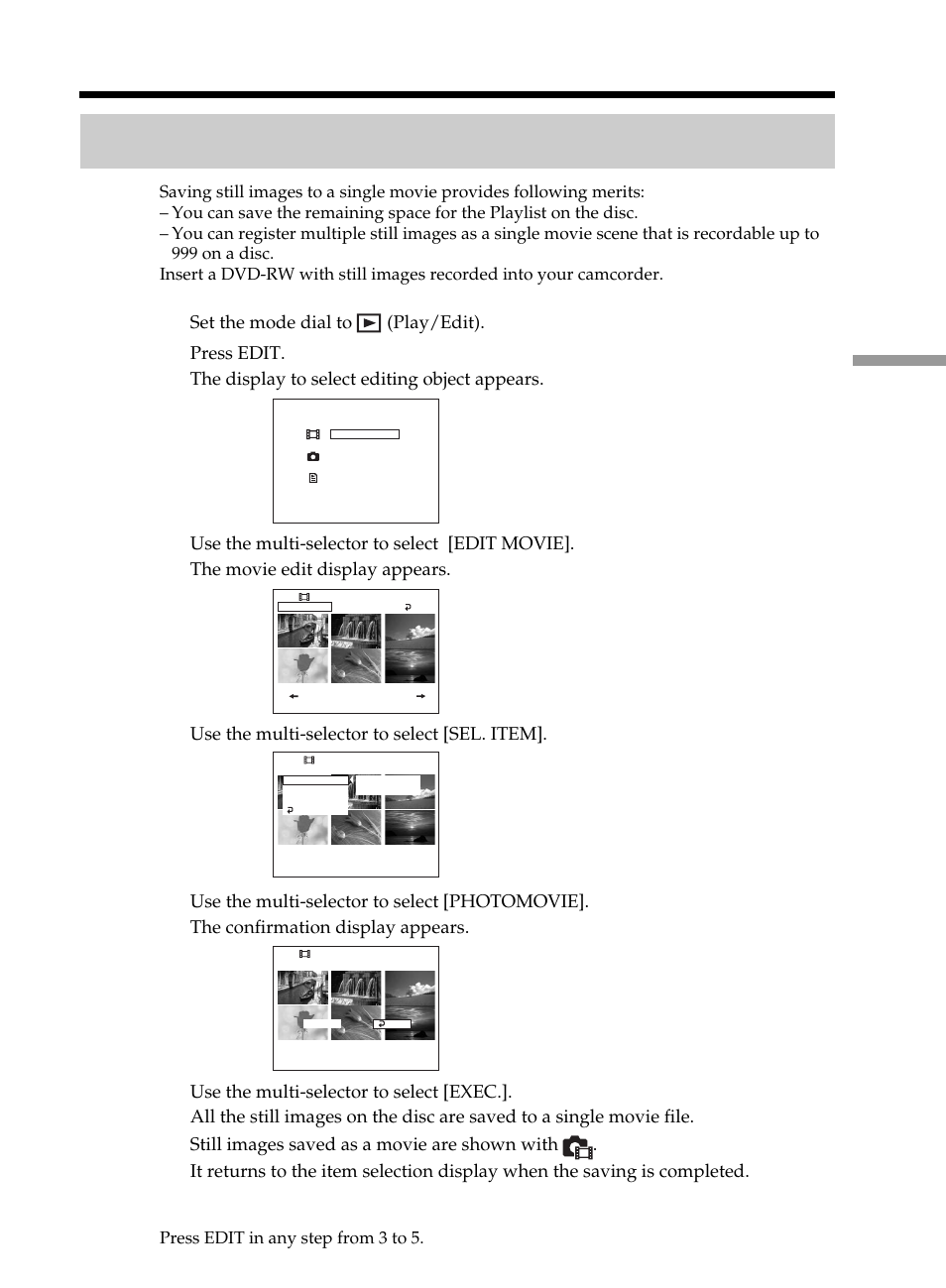 Converting all the still images on a, Disc to a movie file – photomovie, Create | Sony DCR-DVD101 User Manual | Page 79 / 148