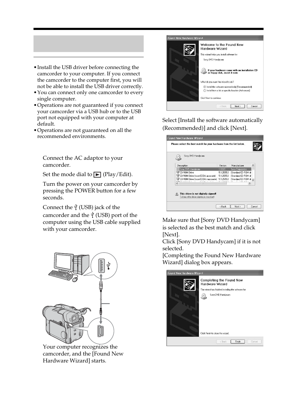 Connecting your camcorder to the computer, Connecting your camcorder to the, Computer | Sony DCR-DVD101 User Manual | Page 94 / 148