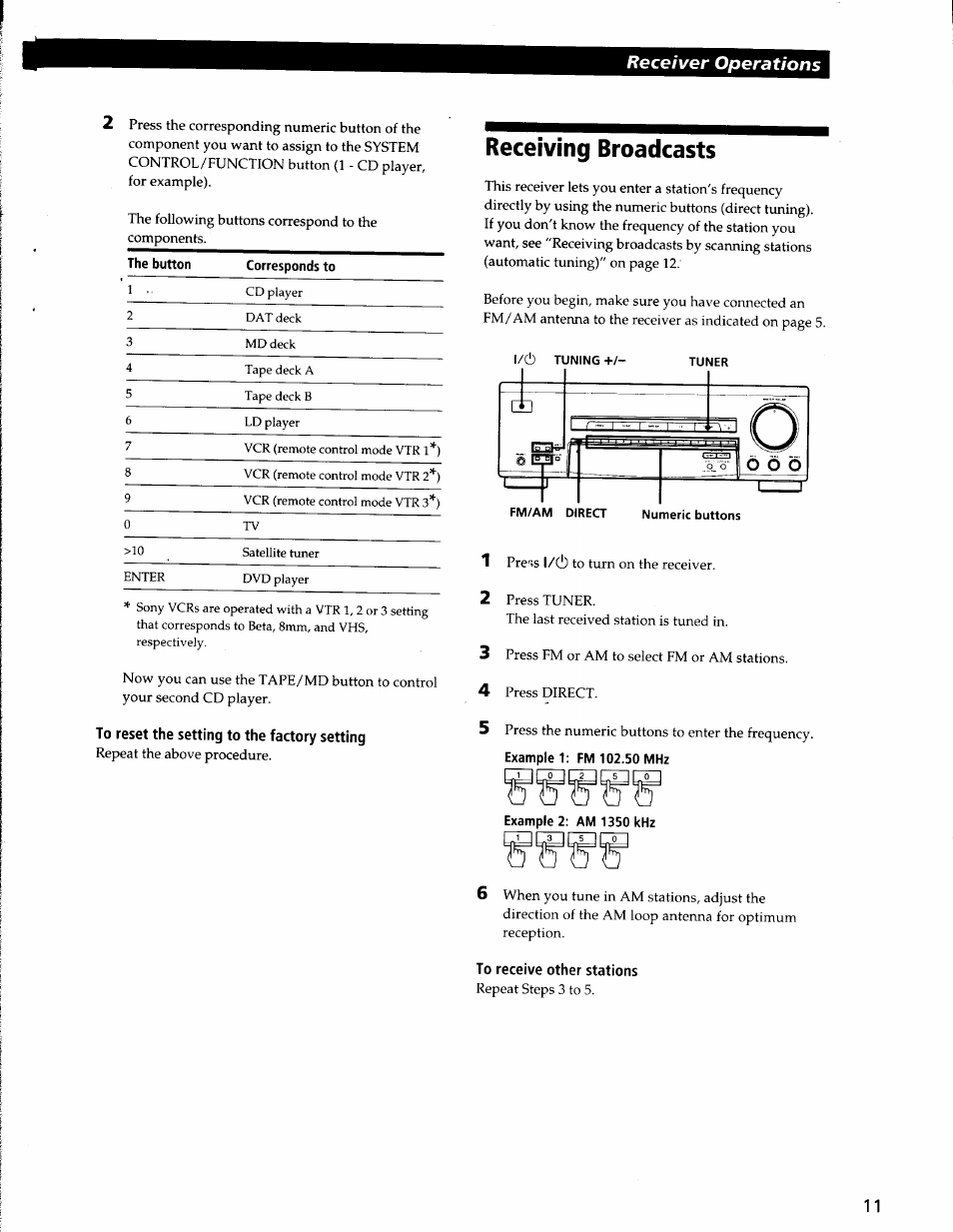 To reset the setting to the factory setting, Receiving broadcasts, Example 2: am 1350 khz | To receive other stations, Receiver operations | Sony STR-V220 User Manual | Page 11 / 24