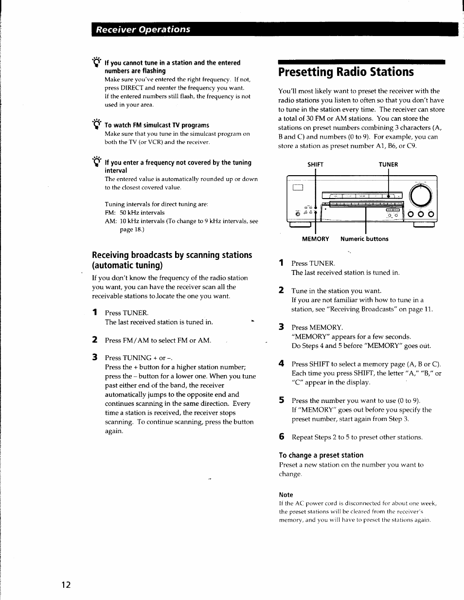 Q' to watch fm simulcast tv programs, Presetting radio stations, To change a preset station | Note, Receiver operations | Sony STR-V220 User Manual | Page 12 / 24