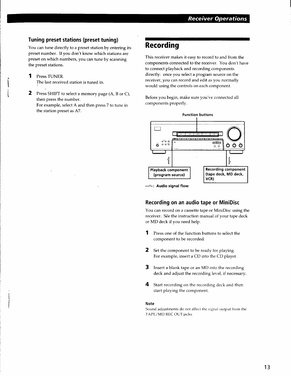 Tuning preset stations (preset tuning), Recording, Recording on an audio tape or minidisc | Note | Sony STR-V220 User Manual | Page 13 / 24