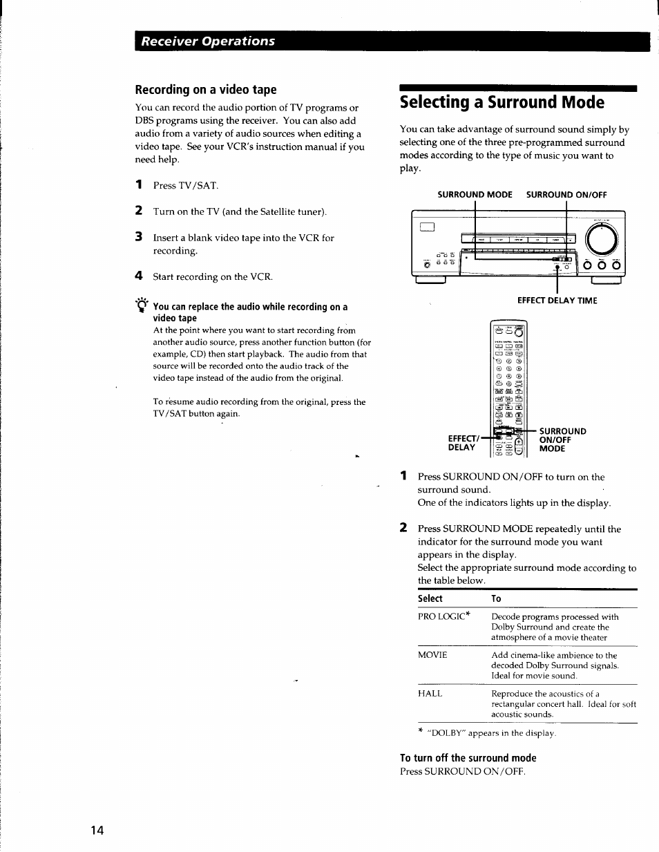 Recording on a video tape, Selecting a surround mode, Surround | On/off, Mode, To turn off the surround mode, Receiver operations recording on a video tape | Sony STR-V220 User Manual | Page 14 / 24