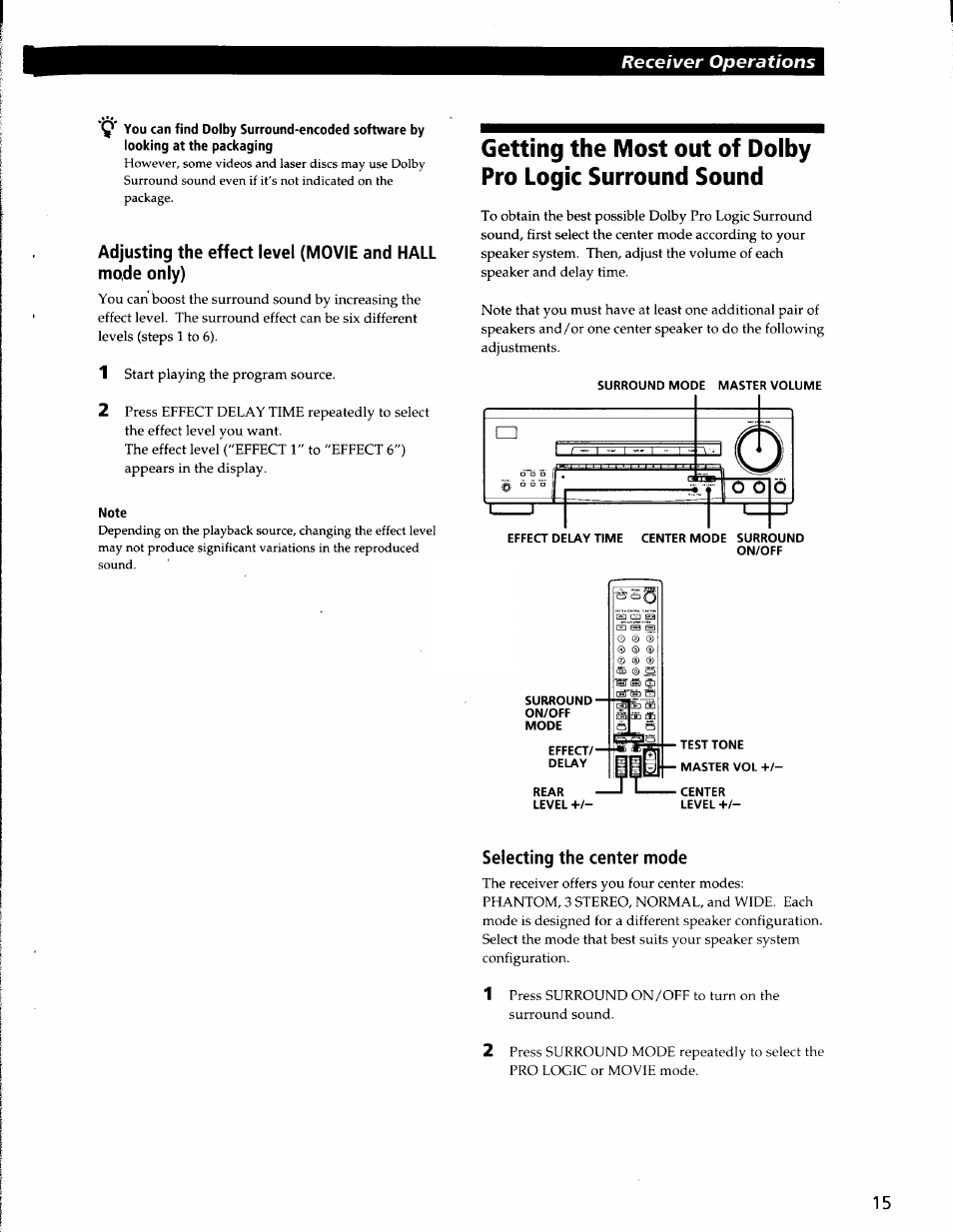 Note, Selecting the center mode | Sony STR-V220 User Manual | Page 15 / 24