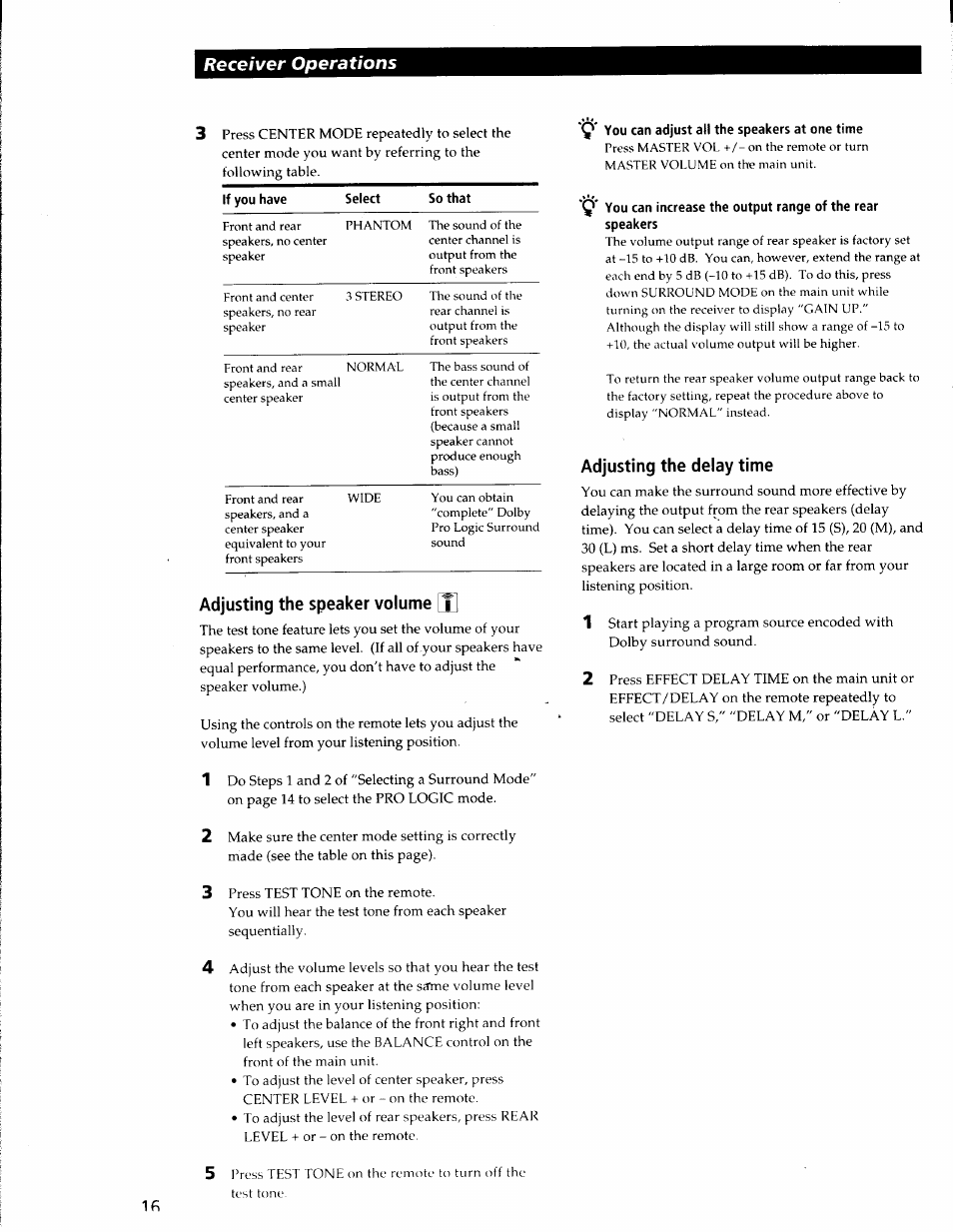 Adjusting the speaker volume [t1, You can adjust all the speakers at one time, Adjusting the delay time | Receiver operations, Adjusting the speaker volume | Sony STR-V220 User Manual | Page 16 / 24