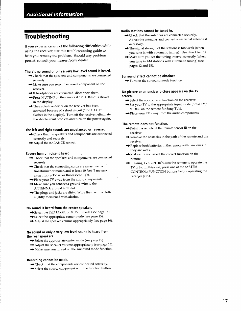 Troubleshooting, Severe hum or noise is heard, Radio stations cannot be tuned in | Surround effect cannot be obtained, The remote does not function, No sound is heard from the center speaker, Recording cannot be made, Additional information | Sony STR-V220 User Manual | Page 17 / 24