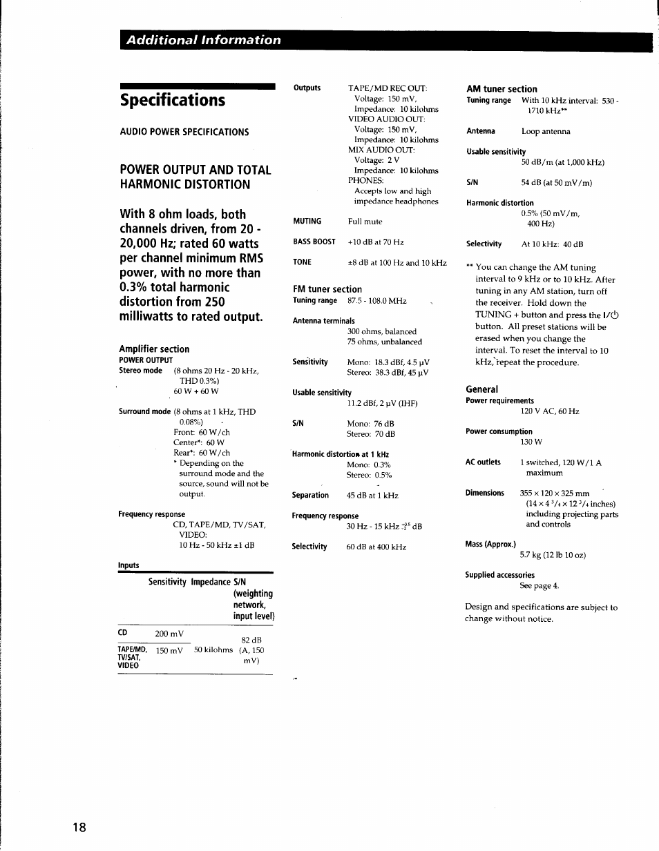 Specifications, Audio power specifications, Amplifier section | Power output, Frequency response, Inputs, Sensitivity impedance s/n, Weighting network, input level), Fm tuner section, Antenna terminals | Sony STR-V220 User Manual | Page 18 / 24