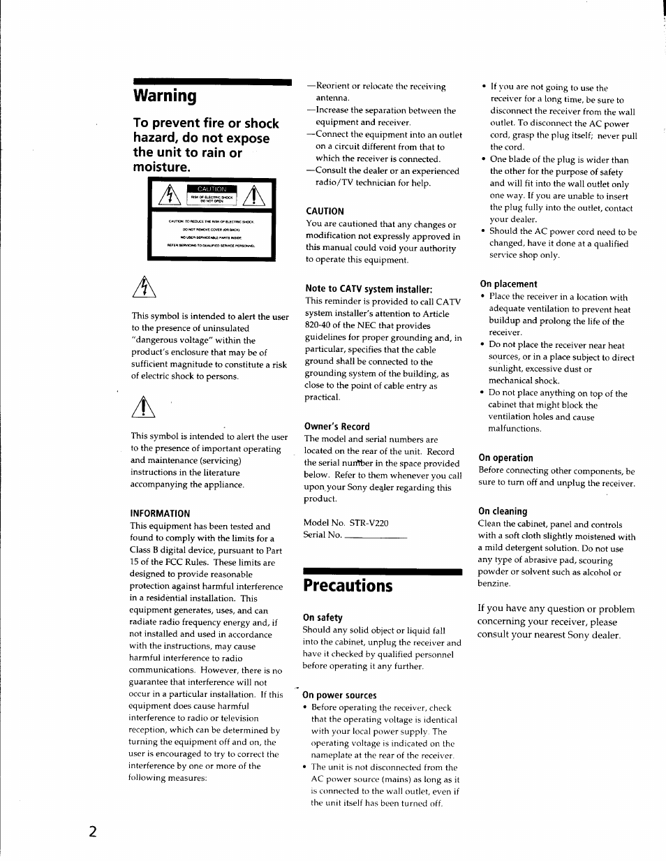 Warning, Information, Caution | Note to catv system installer, Owner's record, Precautions, On safety, On power sources, On placement, On operation | Sony STR-V220 User Manual | Page 2 / 24