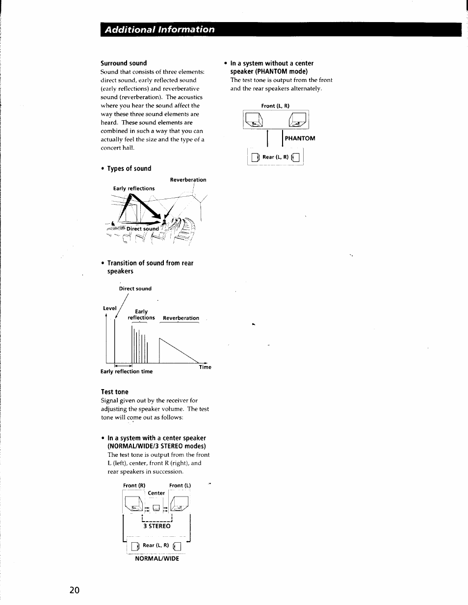 Surround sound, Types of sound, Phantom | Transition of sound from rear speakers, Test tone, Additional information | Sony STR-V220 User Manual | Page 20 / 24