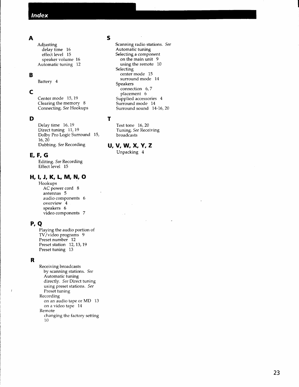 E, f. g, H, i, j, k, l, m, n, o, U, v, w, x, y, z | Sony STR-V220 User Manual | Page 23 / 24