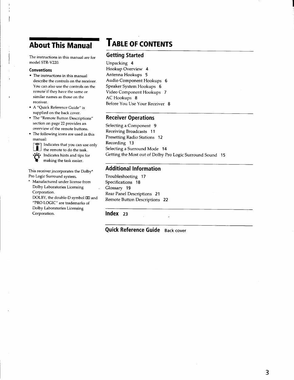 About this manual table of contents, Conventions, Getting started | Additional information, Index 23, Quick reference guide back cover, About this manual t, E of contents, Receiver operations, Index 23 quick reference guide | Sony STR-V220 User Manual | Page 3 / 24