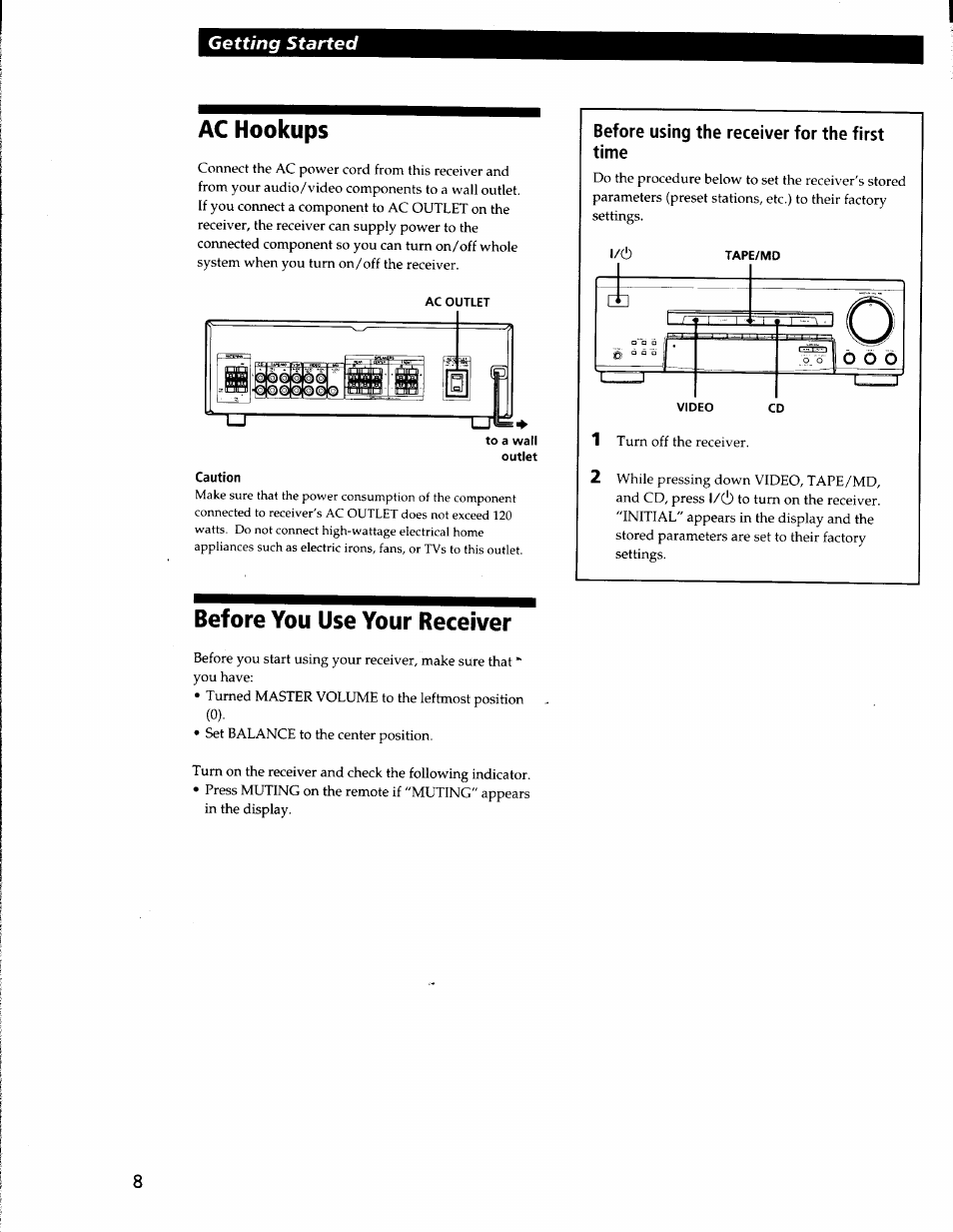Ac hookups, Caution, Before you use your receiver | Getting started, Before using the receiver for the first time | Sony STR-V220 User Manual | Page 8 / 24